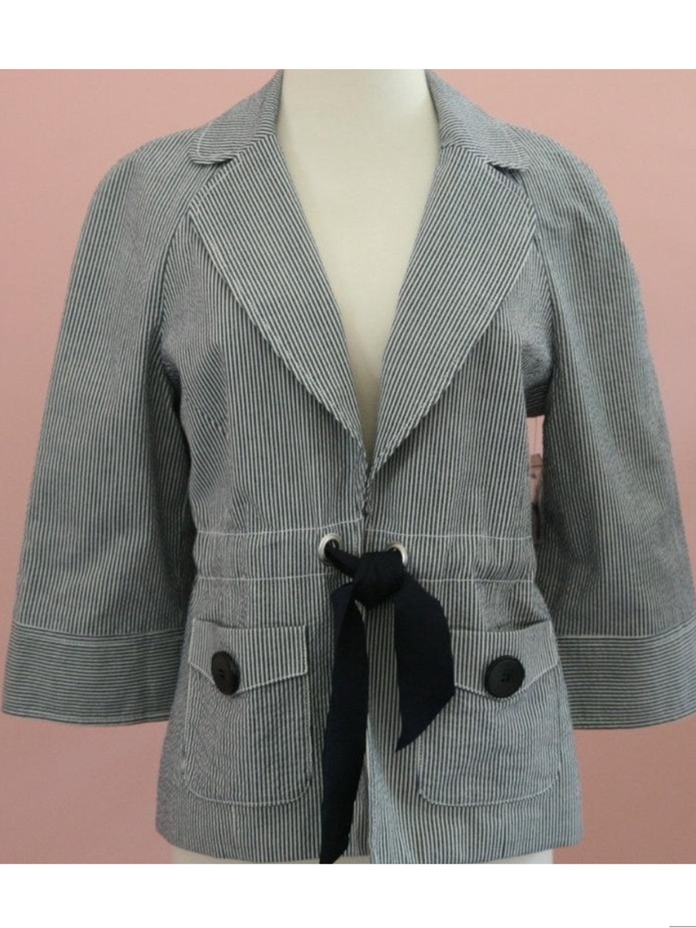 Striped Seersucker Drawstring Waist Jacket - Navy/White